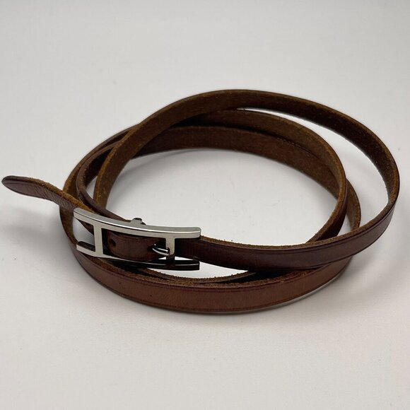 Hermès Vintage Hapi 4 Tours Leather Bracelet w/ Palladium Plated Buckle-Preowned - Picture 3 of 10